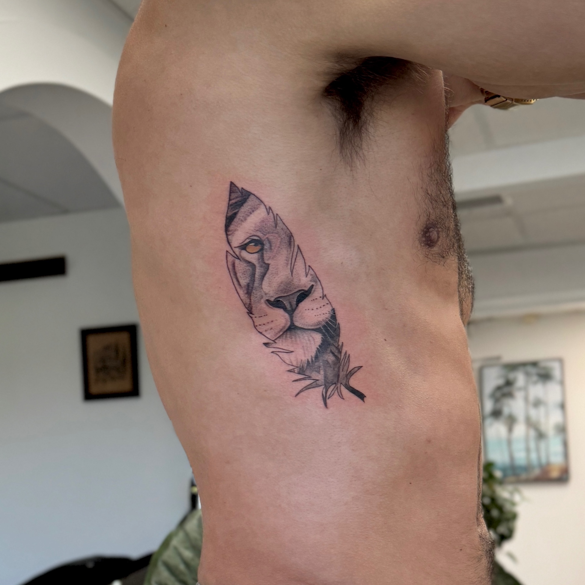 Lion feather rib tattoo